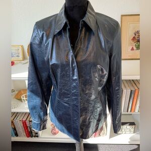 Caslon Genuine Leather Jacket Dark Blue Button Front Classic Fit Size M